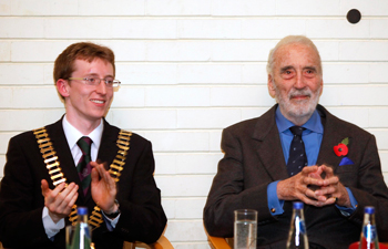 Sir Christopher Lee at University College Dublin pictured with the Auditor of the UCD Law Society, Francis McNamara
