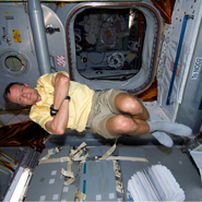 ESA astronaut Christer Fuglesang, STS-128 mission specialist, is pictured floating freely in the Leonardo Multi-Purpose Logistics Module (MPLM), temporarily attached to the International Space Station while Space Shuttle Discovery remains docked with the station (Sept 1999). Credits: NASA