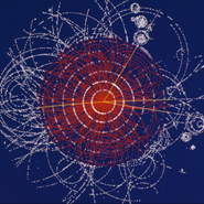 Example of simulated data modelled for the ATLAS detector on the Large Hadron Collider (LHC) at CERN, which will begin taking data in 2008. The Higgs boson is produced in the collision of two protons at 14 TeV and quickly decays into four muons, a type of heavy electron that is not absorbed by the detector. The tracks of the muons are shown in yellow.