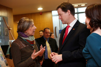 Pictured at the UCD Conway Institute: Journalist Áine Lawlor, who is on leave from RTÉ’s Morning Ireland, told Mr Clegg about her participation in an Icorg drug trial as part of her treatment for cancer