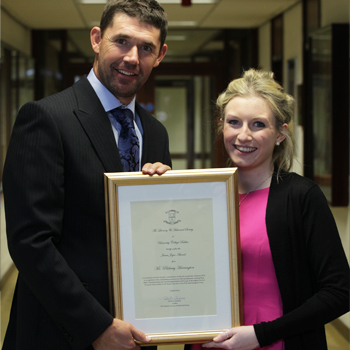 Christine Simpson, Auditor of the UCD L&H Society, University College Dublin presents Padraig Harrington the James Joyce Award