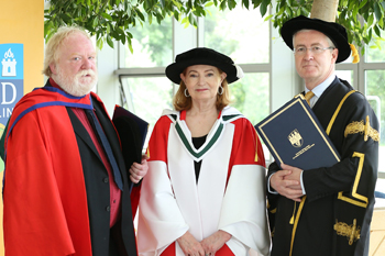 Joan Bergin pictured with her citator Prof Frank McGuinness (left) and Dr Hugh Brady, President of UCD 