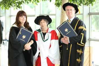 Laura Mulvey pictured with her citator Diane Negra and Dr Hugh Brady, President of UCD