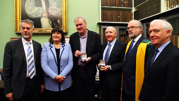 Pictured at the awards (l-r): Prof Eugene Kennedy, Secretary for Science, RIA; Mrs. Máire Geoghegan–Quinn, European Commissioner for Research, Innovation and Science; Prof Luke O'Neill, TCD School of Biochemistry and Immunology; Prof Dermot Moran, UCD School of Philosophy; Prof Luke Drury, President, RIA; Prof Colm Lennon, Secretary for Humanities, RIA;
