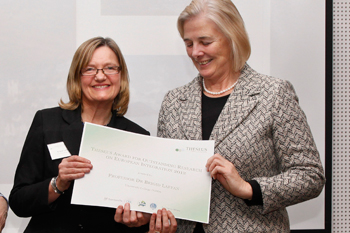 Professor Brigid Laffan (left) was presented with the THESEUS Award for Outstanding Research on European Integration 2012 by Catherine Day, Secretary General of the European Commission 