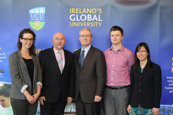 Pictured at the Award Ceremony: Lyndsay Baker (Ireland); Ruairi Quinn TD, Minister for Education; Dr Hugh Brady, President of UCD; Ying Ying Thum (Malaysia) studying Medicine at UCD; and Benedikt Minke (Germany) completing a PhD in Systems Biology at UCD