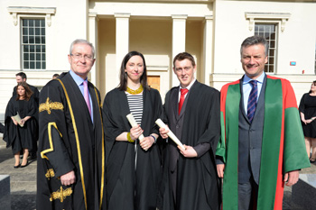 Laura Tobin (PhD candidate, Engineering, UCD) and David Corish (PhD candidate, Physics, TCD) after receiving their Graduate Certificates in Innovation and Entrepreneurship from the Innovation Academy, pictured with Dr Hugh Brady, President of UCD (left) and Dr Patrick Prendergast, Provost of TCD