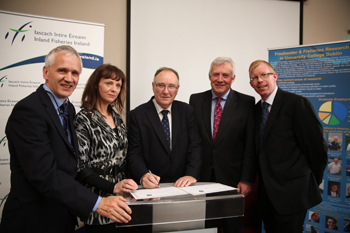 Professor Joe Carthy, Dean of Science, UCD; Dr Mary Kelly-Quinn, UCD School of Biology and Environmental Science; Brendan O’Mahony, Chairman, Inland Fisheries Ireland (FI); Fergus O’Dowd TD, Minister of State at the Department of Communications, Energy & Natural Resources; and Dr Ciaran Byrne, CEO Inland Fisheries Ireland; and Dr Cathal Gallagher, Head of Research IFI 