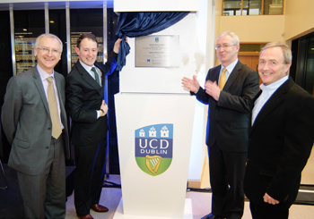 Prof. Walter Kolch (Director Systems Biology Ireland), Sean Sherlock TD (Minister of State for Research and Innovation) Hugh Brady (President UCD) Prof. Boris Kholodenko (Associate Director, Systems Biology Ireland)