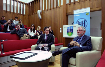  Auditor of the UCD Literary & Historical Society, Alex Owens in discussion with Prof Paul Krugman at the UCD Student Centre before receiving the James Joyce Award 