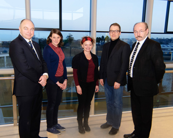 Pictured at the announcement: Prof Andrew J Deeks, President of UCD; Sofie Loscher; Cindy Cummings; David Stalling and Prof Declan McGonagle, Director National College of Art & Design