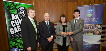 Peadar Ó Lamhna, Vice-Auditor, An Cumann Gaelach UCD; Professor Andrew J Deeks, UCD President; Commissioner Máire Geoghegan-Quinn, European Commission; and Hugh Cannon, Auditor, An Cumann Gaelach UCD