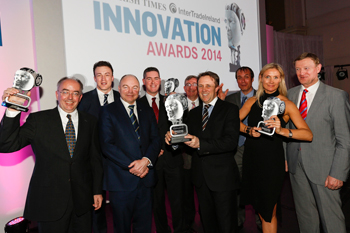 Pictured at awards: Professor Brian Glennon & Dr Mark Barrett, UCD School of Chemical and Bioprocess Engineering, co-founders, APC Ltd; Prof Andrew J Deeks, President of UCD; Professor Eoin Casey, UCD School of Chemical and Bioprocess Engineering, co-founder, OxyMem; Prof Ciaran O'Hogartaigh, Dean of Business, UCD; Wayne Byrne, CEO, OxyMem; Grainne Barron, CEO, Viddyad, UCD Smurfit School MBA Alumnus and Prof Frank Roche, UCD School of Business 