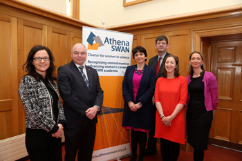 Pictured at the launch: Dr. Maria Meehan, UCD School Of Mathematical Sciences; Prof. Andrew Deeks, President of UCD; Prof. Orla Feely, UCD Vice-president for Research, Innovation and Impact; Prof. Mark Rogers, Registrar and Deputy President of UCD; Dr. Sheila Mc Breen, UCD School of Physics; Dr. Patricia Maguire, UCD Conway Institute of Biomolecular & Biomedical Science.