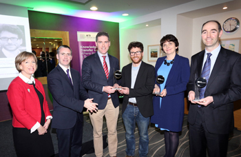 Pictured (l-r): Dr Alison Campbell, Director, KTI; Minister Damien English TD; OxyMem co-founders, Prof Eoin Casey and Dr Eoin Syron, UCD Chemical and Bioprocess Engineering; Prof Orla Feely, UCD Vice-President for Research, Innovation and Impact; and Dr Ciaran O'Beirne, Manager, Technology Transfer, NovaUCD. (UCD Deputy President and Registrar, Prof Mark Roger received his award in absentia).