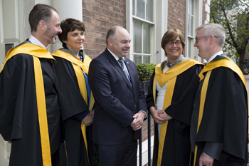 Pictured at the RIA (l-r): Ian O’Donnell, Professor of Criminology at the UCD Sutherland School of Law;  Orla Feely, Professor of Electronic Engineering at the UCD School of Electrical, Electronic and Communications Engineering, and UCD Vice-President for Research, Innovation and Impact; UCD President, Professor Andrew J Deeks; Geraldine Butler, Professor at the UCD School of Biomolecular and Biomedical Science, Conway Institute; and Nicholas Daly, Professor of Modern English and American Literature at UCD and Chair of Modern English and American Literature at the UCD School of English, Drama and Film