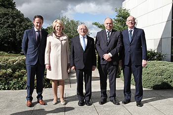 Pictured at the Irish Humanitarian Summit: Sean Sherlock TD, Minister of State; Sabina Higgins; Michael D. Higgins, President of Ireland; Prof Andrew Deeks, President of University College Dublin; Charlie Flanagan TD, Minister for Foreign Affairs and Trade