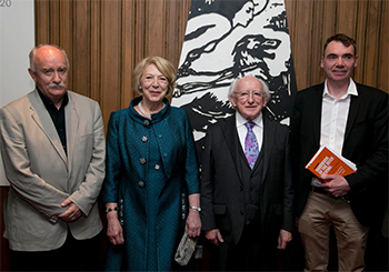 Pictured are Professor Declan Kiberd (left), former Chair of Anglo-Irish Literature and Drama at UCD, and P.J. Mathews (far right), Senior Lecturer at the UCD School of English, Drama and Film, who both edited Handbook of the Irish Revival – An Anthology of Irish Cultural and Political Writings 1891 – 1922, and the President, Michael D Higgins, who launched the book at the Abbey Theatre recently, and his wife, Sabina Higgins
