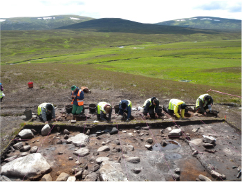 An excavation involving archaeologists from the UCD School of Archaeology at Caochanan Ruadha, Scotland, in July, 2015 