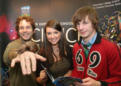 Pictured at UCD Open Days: With the help of Gareth Dyke, UCD School of Biology and Environmental Science (left), Rose of Tralee, Aoibhinn Ni Shuilleabhain (center), who completed her first-class UCD honours BSc degree in Theoretical Physics in Summer 2005, explains the excitement of studying science at UCD to visiting leaving certificate students