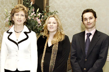 President Mary McAleese with Dr Emma Teeling, UCD School of Biology and Environmental Science and Dr Oliver Blacque, UCD School of Bimolecular and Biomedical Science
