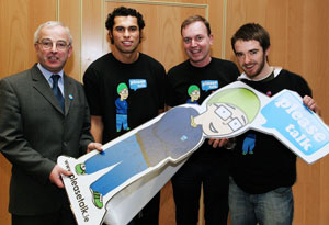 Pictured with the Please Talk mascot at the launch of the campaign: Dr Martin Butler, Vice-President for Students, UCD; Seán Óg Ó hAlpín; Fr Tony Coote, Student Adviser, UCD; Barry Colfer, Student Welfare Officer UCDSU