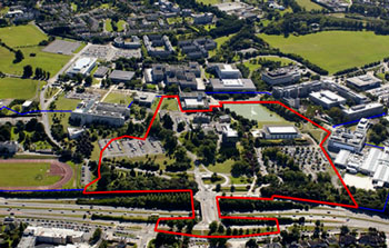 Aerial view of UCD, Belfield campus. Red line indicates outline of competition boundary. Blue line indicates zone of architectural consideration