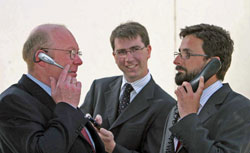 John McCabe, Managing Director of Damovo Ireland (left) Taigh Corcoran, UCD Head of Physical Plant, UCD Buildings and Services, and Cxema Pico, Systems Manager, UCD Buildings and Services test the new Direct 24 voice-recognition system