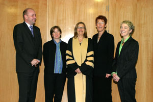 Dr. Dr Philip Nolan, Registrar, Deputy President and Vice-President for Academic Affairs, UCD; Dr Sara Cantillon, Head of UCD School of Social Justice; Prof. Brigid Laffan, College Principal, UCD College of Human Sciences; Ailbhe Smyth, Director, WERRC, UCD, and Aideen Quilty, Co-ordinator, WERRC Outreach Programme.