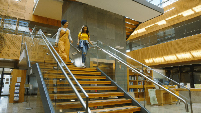 Two female students walking down stairs on the UCD campus