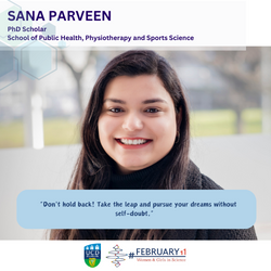 Woman smiling with text for International Day of Women and Girls in Science