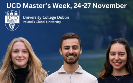Three people smiling to camera for UCD Masters Week 2025