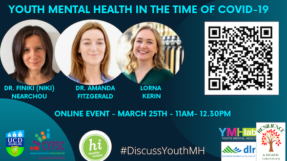 Banner image for Youth Mental Health in a Time of Covid seminar showing speakers and QR code