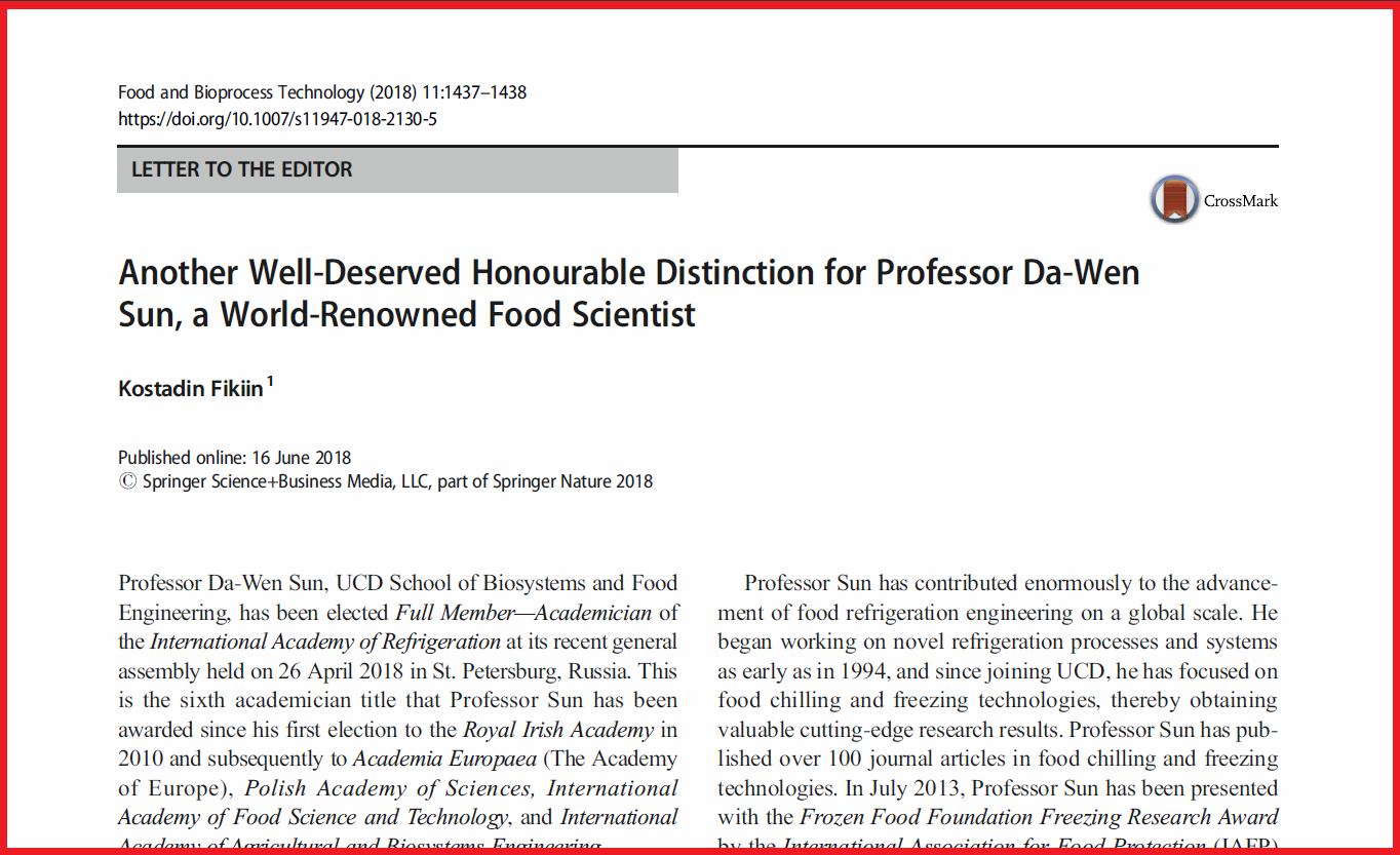 Another Well-Deserved Honourable Distinction for Professor Da-Wen Sun