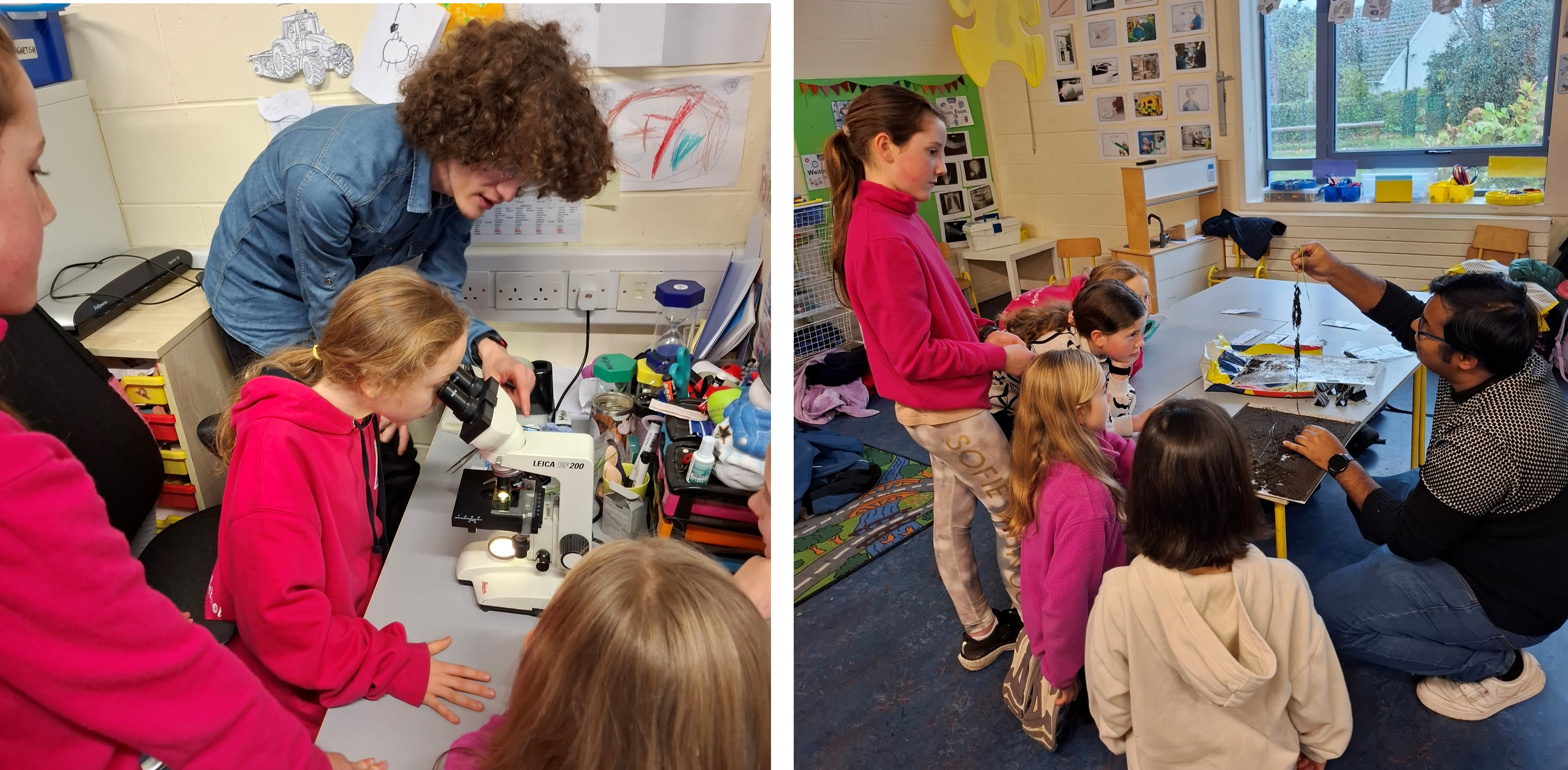 Children gathered around a microscope