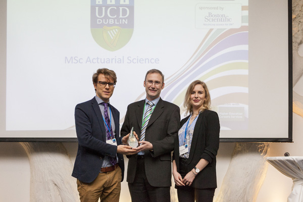 Dr Adrian O'Hagan accepting the Postgraduate Course of the Year in Science category on behalf of the MSc Actuarial Science
