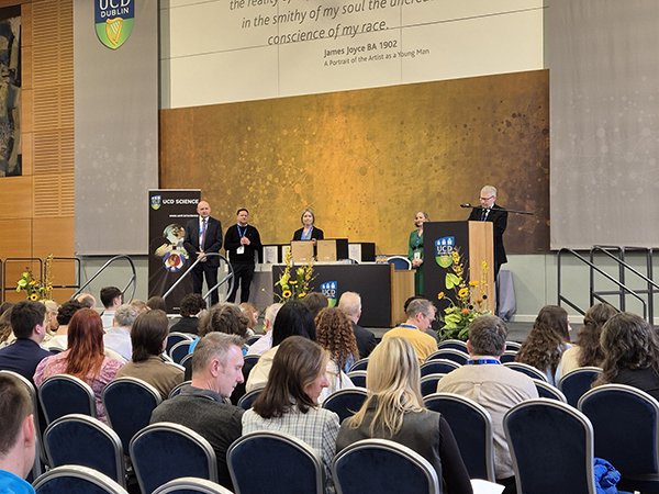 The Dean and Associate Dean of Science with College of Science staff members in O'Reilly Hall at the College of Science Annual Awards Ceremony
