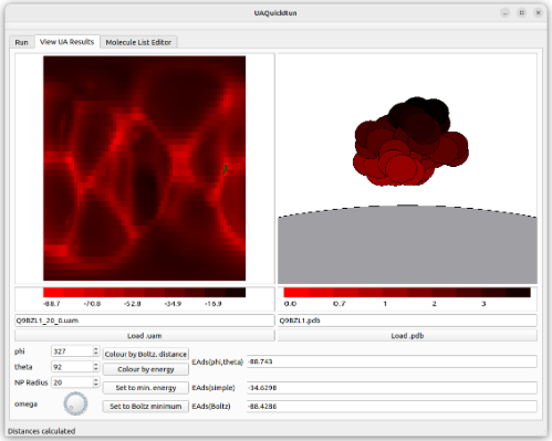A screenshot of output from a computer program showing the adsorption of a protein to a nanoparticle surface. One image shows a heatmap of values of binding energy at different orientations and the second shows the configuration of the protein above the nanoparticle.