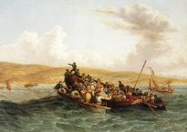19th century colour illustration of colonists at sea approaching land
