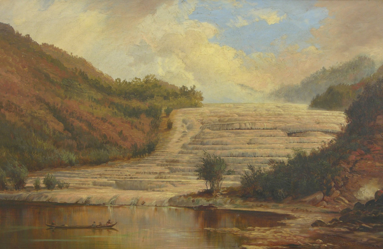 Image: ‘Pink Terrace, Rotomahana’ by Charles Bloomfield, 1893. Oil on canvas. Courtesy of Auckland Art Gallery Toi o Tāmaki, gift of Sir Henry Brett, 1894.
