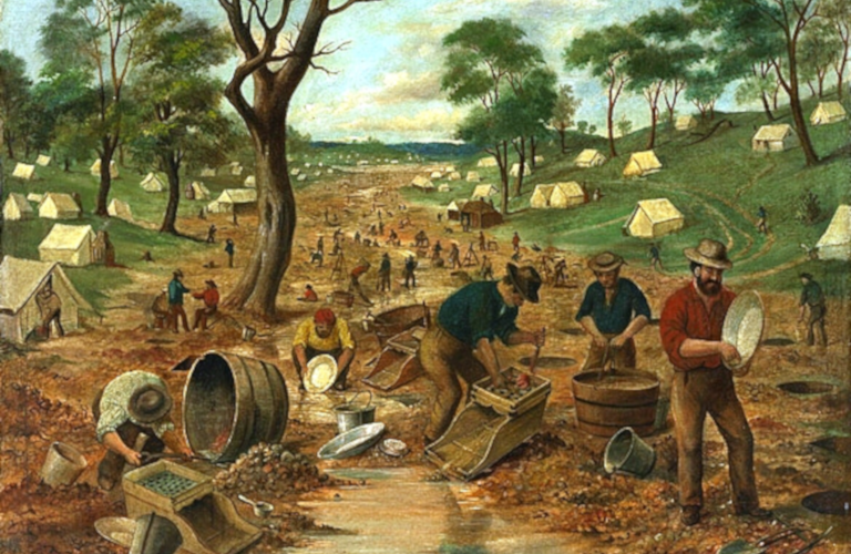 Image: ‘Australian Gold Diggings’ by Edwin Stocqueler, c. 1855. Oil on Canvas. Courtesy of the National Gallery of Australia, NGA TEMP.11274.