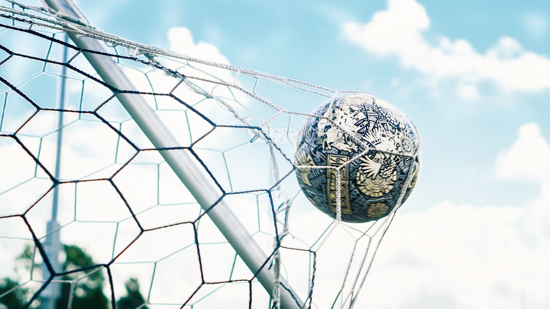 A football hitting the back of the net