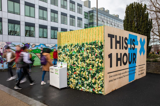UCD Estates coffee cup display of how many disposable coffee cups are used per hour across UCD