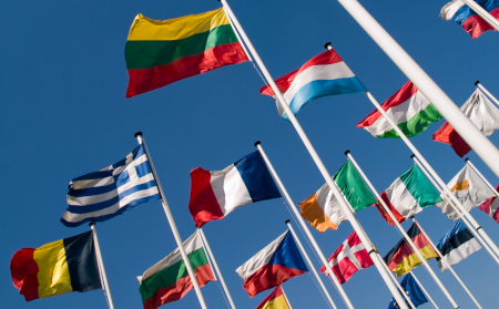flags of many different countries against a blue sky