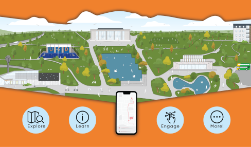 Digital drawing of UCD campus with a phone and icons