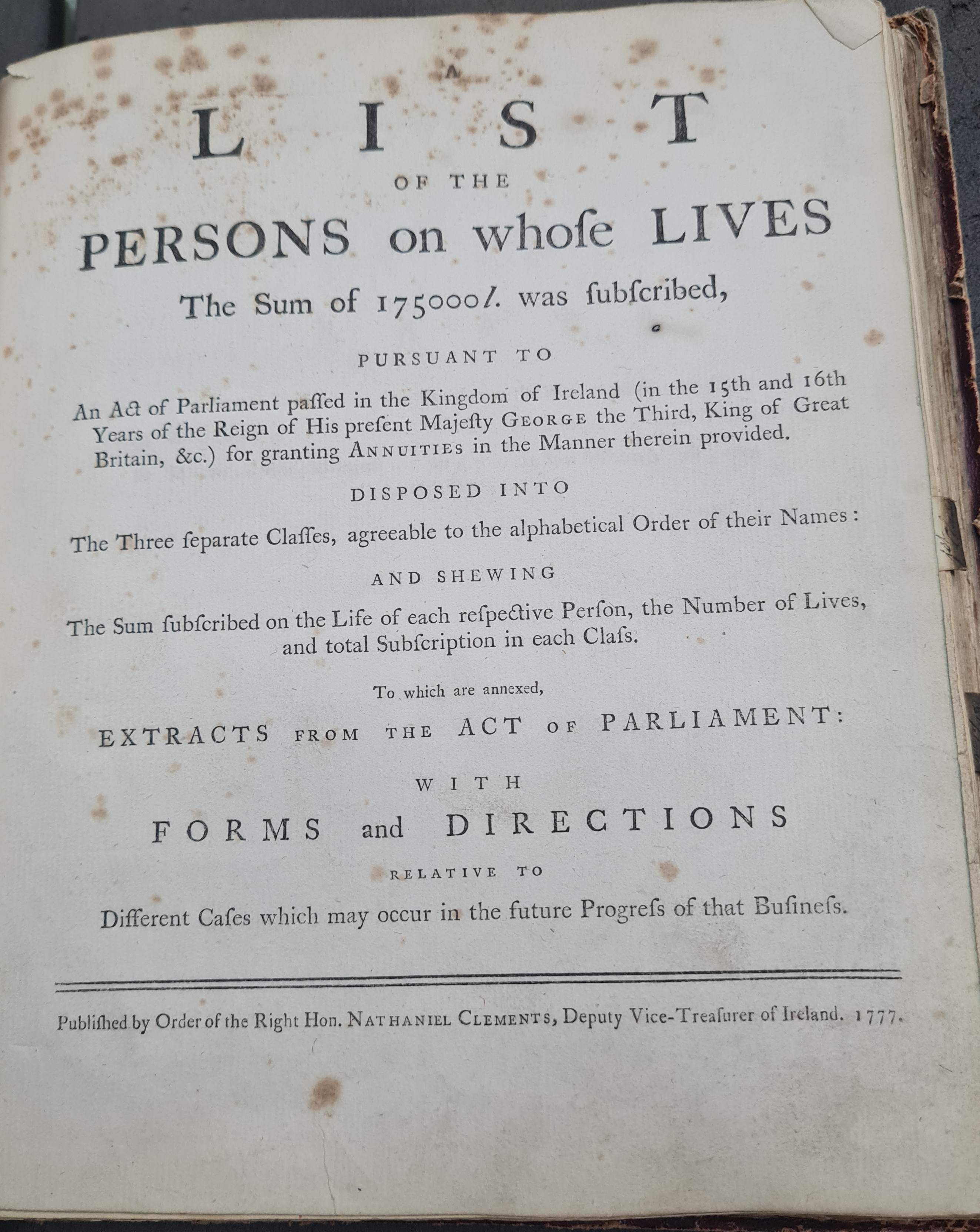 Irish Government Tontine 1775: Printed List of Nominees