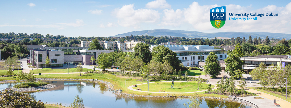 Aerial view of the UCD Belfield Campus with the University for All logo