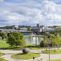 A view across UCD's parkland Belfield Campus including (l to R) O'Reilly Hall, Tierney Building (Administration), Newman Building (Arts), UCD James Joyce Library and UCD O'Brien Centre for Science.