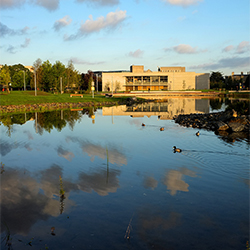 UCD's  Upper Lake acts as a natural rain water treatment facility, wildlife habitat and social engagement space. Pictured looking towards the Daedalus building.