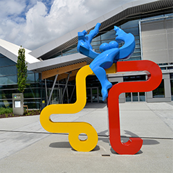The  UCD Student Centre and Sport and Fitness complex incorporates an Olympic-sized pool, tournament-grade debating chamber, cinema and theatre among other student focused facilities. The sculpture shown is entitled Joie De Vivre by Jill Pitko.